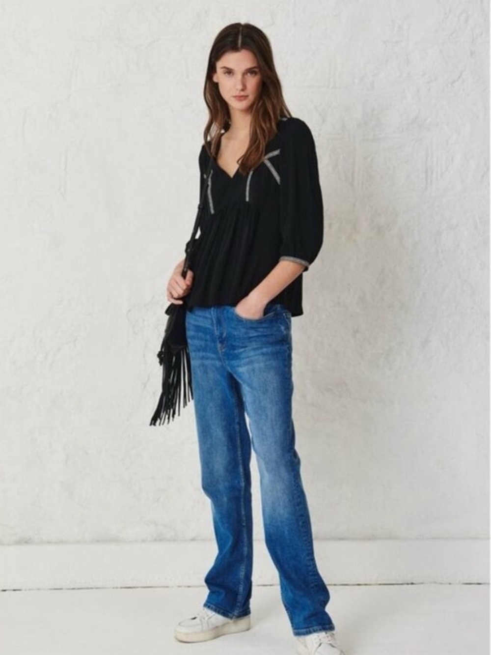 Ba&sh Amber blouse M black with white embroidery